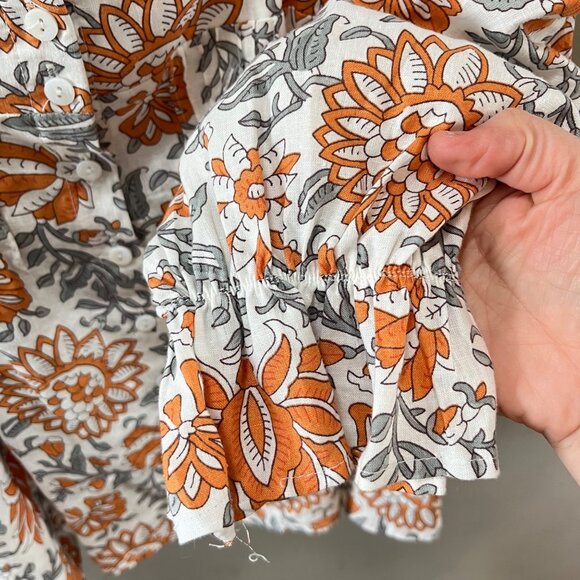 Rachel Zoe Floral Smocked Blouse L Orange & Gray 55% Linen 45% Rayon Long Sleeve - Picture 3 of 6